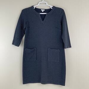 J. Jill Navy Blue and White Stripe Dress Women's Size Small 3/4 Sleeve Pockets